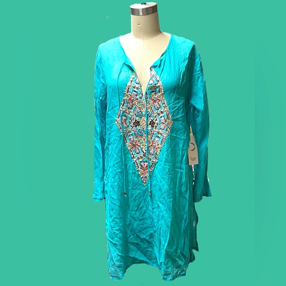 Lilusa teal blue green beach coverup beaded front NWT small to med